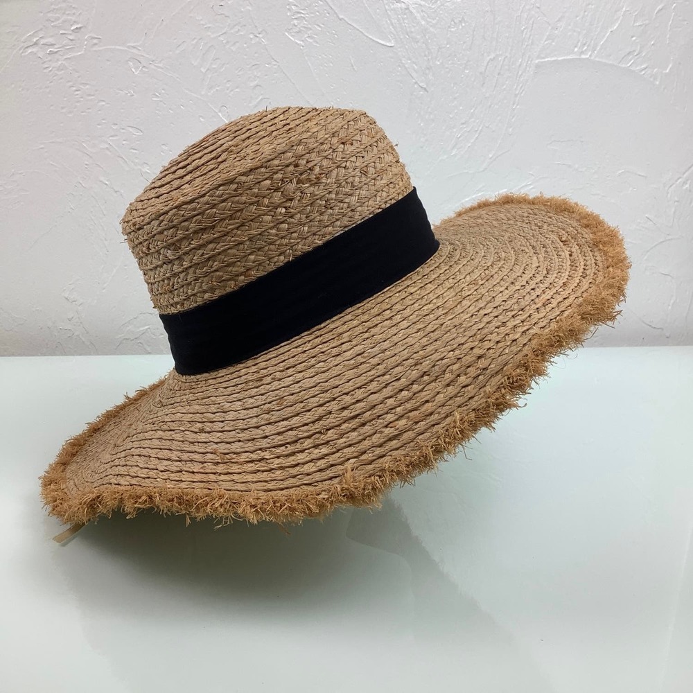 Lucca Raffia Natural Wide Rim Hat with Black band Adjustable Size NEW - Picture 5 of 11